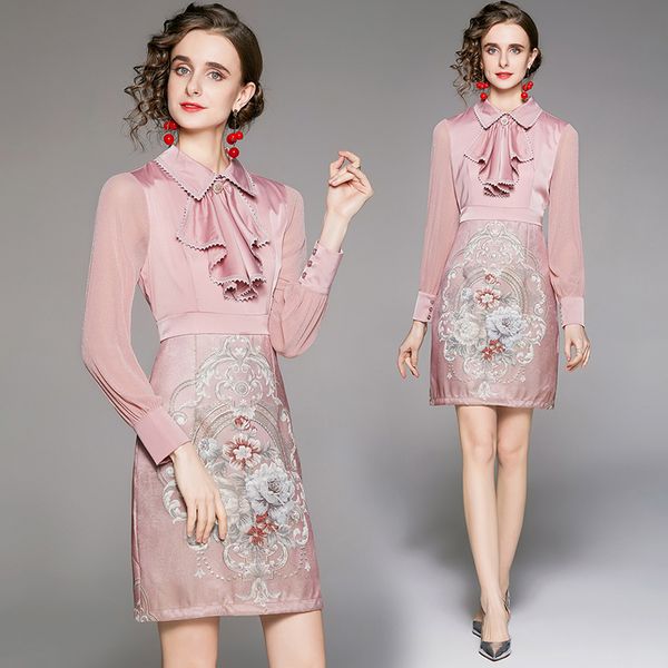 

retro floral women pink satin dress 2022 long sleeve doll collar bow ruffles vacation party female designer dresses spring autumn office lad, Black;gray