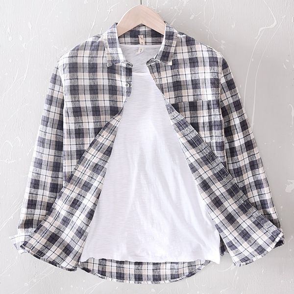 

2021 new primavera nova chegada da marca xadrez masculinas camisa linho moda para homens casuais camisas de manga comprida masculina mtuq, White