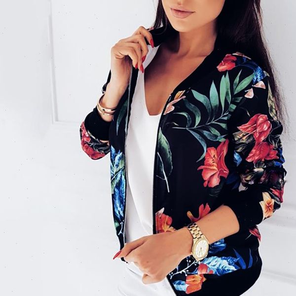 

womens jacket floral printed long sleeve o neck sweatshirt spring slim womens coats and jackets outwear zipper plus size, Black;brown