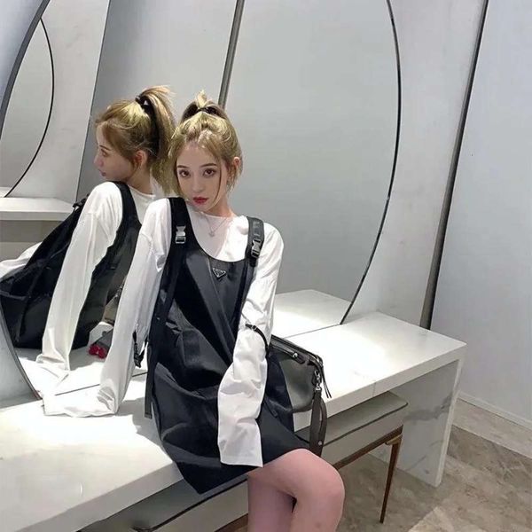 

designer p home ladies triangle logo fashion sweet age reduction cool short skirt adjustable nylon sleeveless loose dress with straps, White