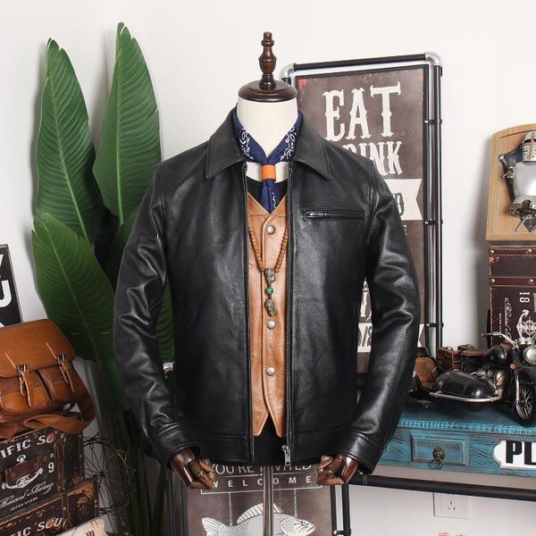 

men's leather & faux embossed thick soft full-grain genuine clothes lapel jacket middle-aged casual simple, Black