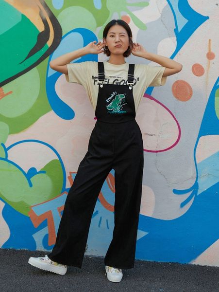 

romwe letter cartoon dinosaur graphic jumpsuit d6j6#, White