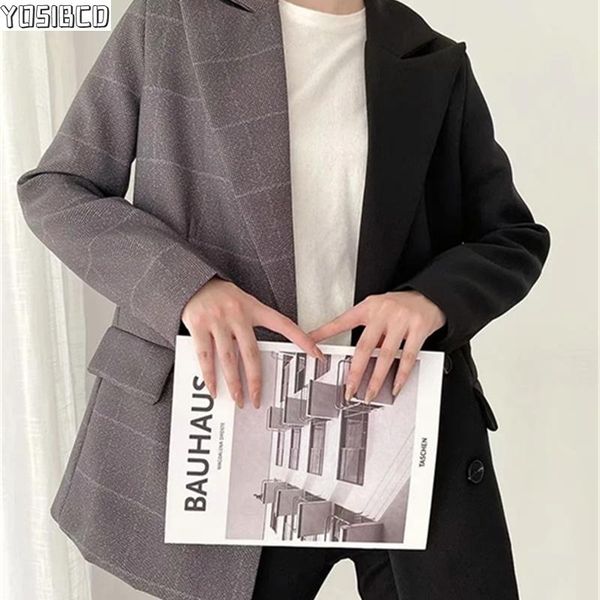 

yosibcd women 2021 fashion double breasted patchwork blazer coat vintage long sleeve pockets female outerwear chic, White;black