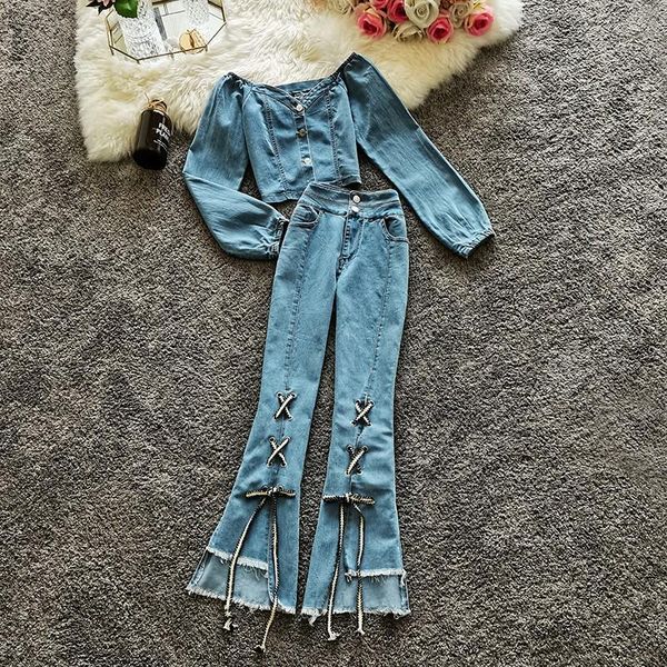 

2021 autumn new style long-sleeved short denim jacket high waist irregular micro-flared pants suit women, White