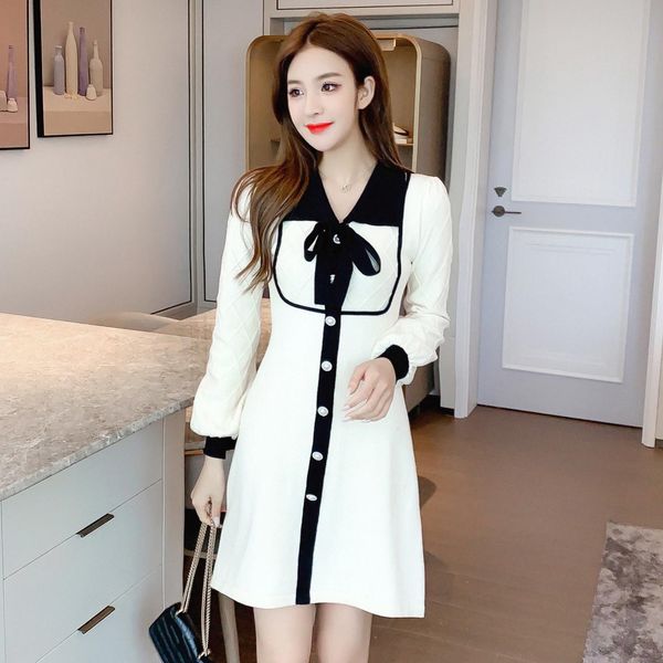 

female fashion 2021 new autumn waist slimming french lantern long bowknot sleeve dress knitted h7xq, Black;pink