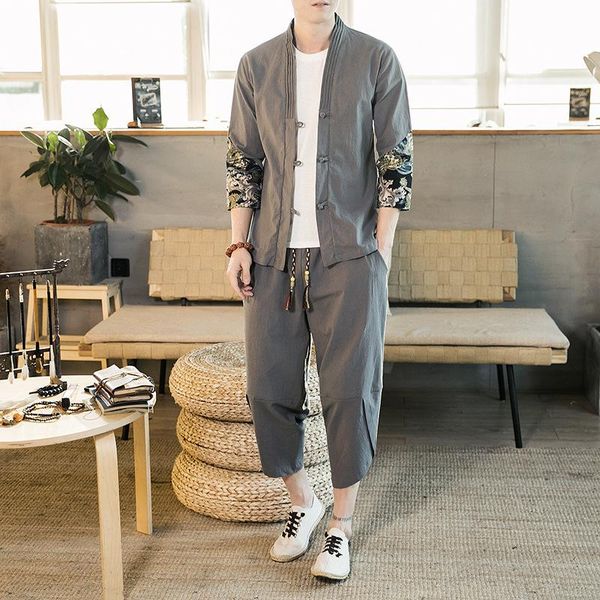 

men's tracksuits chinese style cotton linen suit solid color casual printing matching disc button t-shirt hanfu, Gray