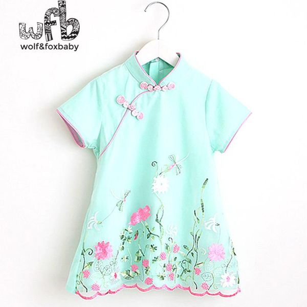

girl's dresses retail 2-8years baby girl short-sleeves cotton classical cheongsam pastoral style ethnic costume sweet lovely embroidere, Red;yellow