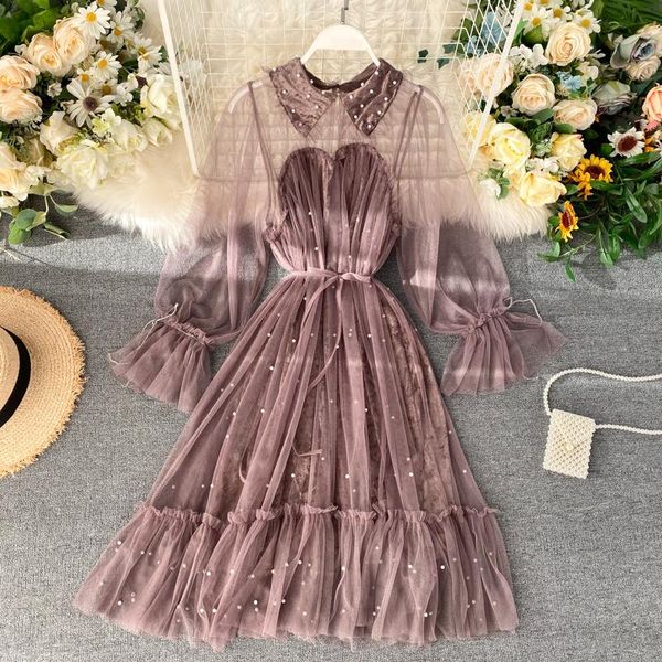 

casual dresses women lantern sleeve pleated pearl bead mesh gauze tulle ruffles dress lady elastic slim bandage strap party pullover midi, Black;gray
