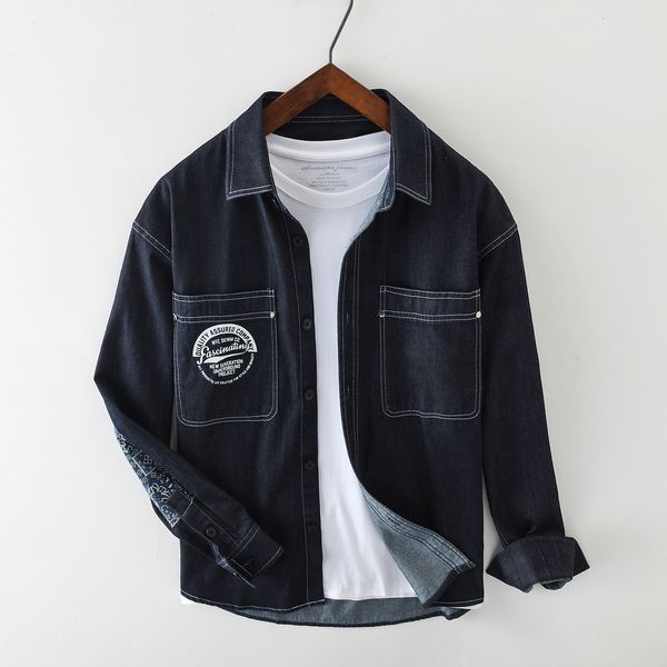 

2021 new cotton contrast shredded color denim male shirts long fashion sleeve streetwear casual autumn shirt men's 57uq, White