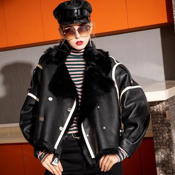 

women's fur & faux real women coat natural double-faced sheepskin and outwear winter merino sheep warm thick a22, Black