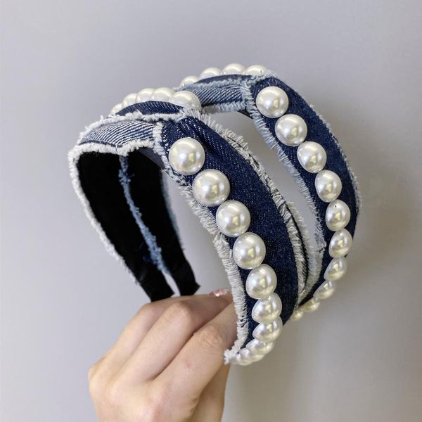

hair accessories wholesa denim pearl headband head hoop for women fashion unique band bezel girls cowboy knotted hairbands