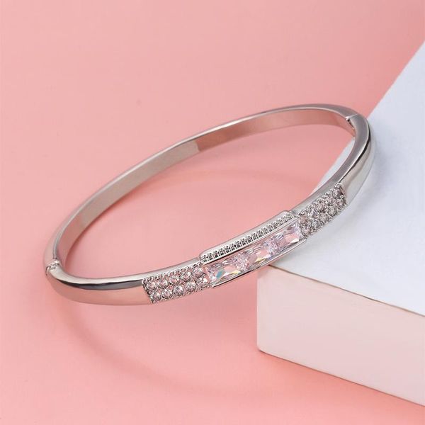 

bangle women bracelet silver color square inlaid cubic zirconia sweet stylish birthday gifts for girlfriend designed, Black