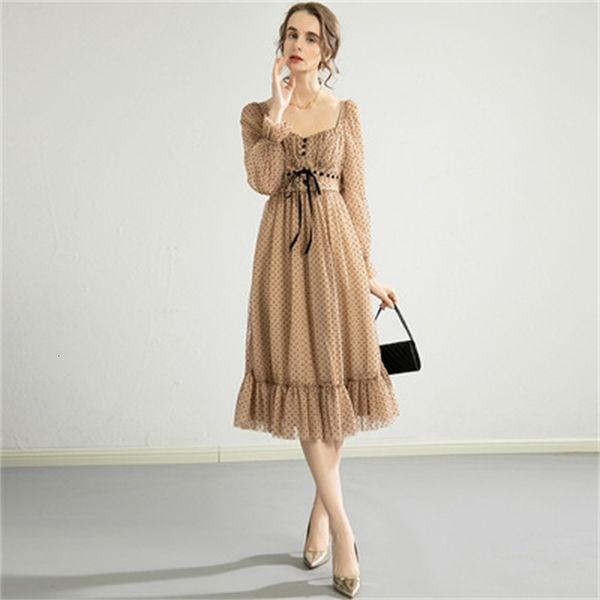 

new female spring small fragrance style retro-square neck bubble long sleeve high waist chiffon dress iz9g, Black;gray