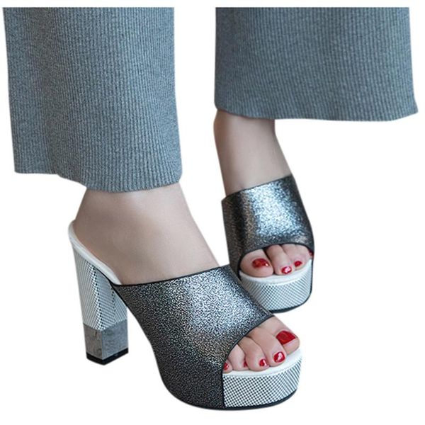 

slippers summer bling high-heeled women's casual lady solid thick-soled sandals fish mouth shoes street slipper elegant pumps, Black