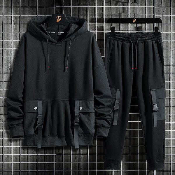 

jogging clothing men outfit set 2021 men's spring autumn tooling hoodie sports suit loose casual two-piece plus size trend mens, Black;red