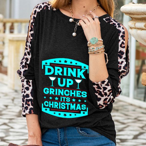 

autumn women long sleeve leopard t-shirt casual sport loose street wear round collar tees hollow-out pullovers christmas snowman english let, White
