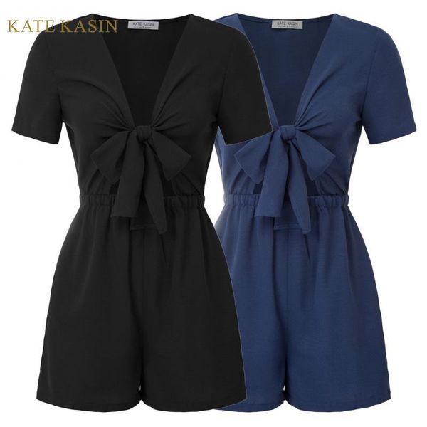 

women's jumpsuits & rompers kate kasin women fashion tie-front romper jumpsuit short sleeve v-neck elastic waist playsuits summer solid, Black;white