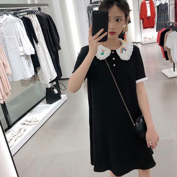 

summer kawaii peter pen women dress collar cute loose casual short sleeve mini vestidos, Black;gray