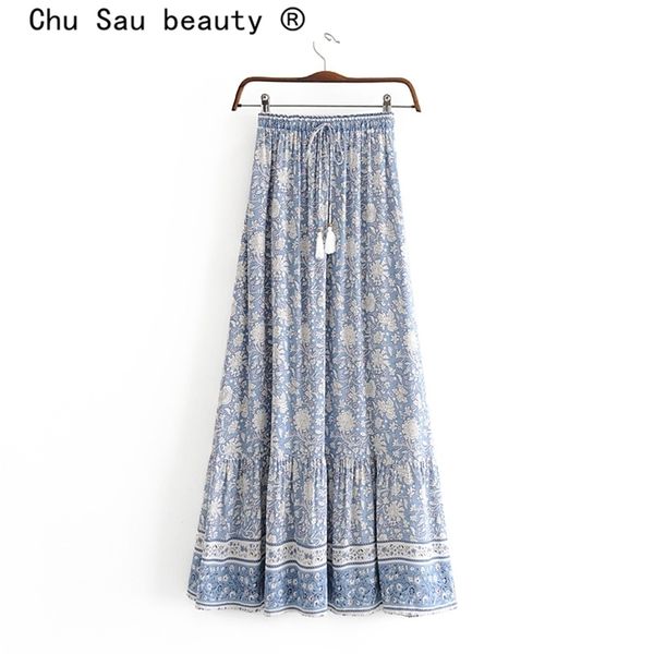 

chu sau beauty fashion boho vintage print midi skirt holiday style elastic waist tassel ladies long skirt 210730, Black