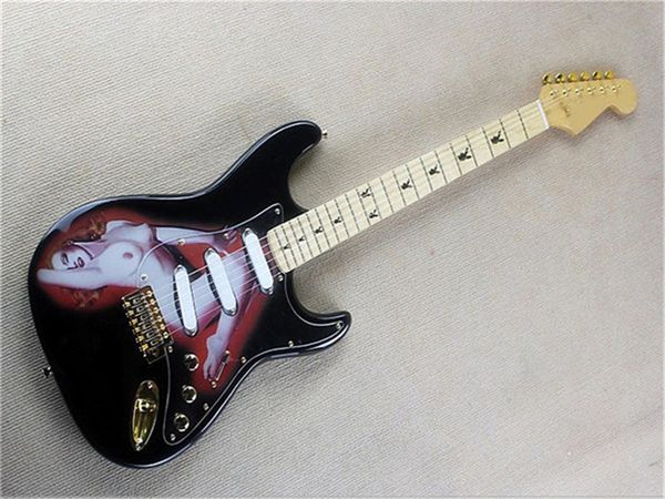 Guitarra elétrica preta personalizada fábrica com pickguard branco, hardwares de ouro, pickups 3s, oferta personalizada