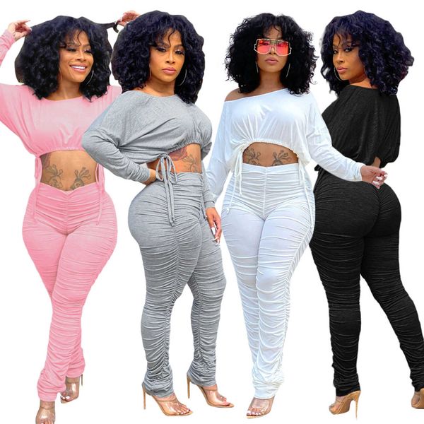 

designers women tracksuits clothes 2021 autumn winter simple fashion leisure sports round neck pleated drawstring long sleeve pants set ladi, Gray