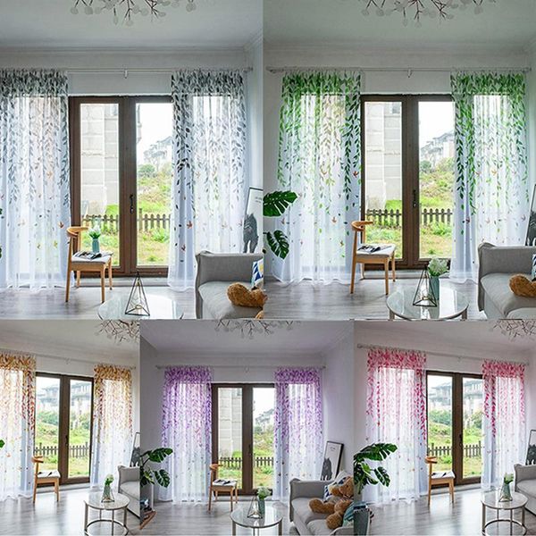 

curtain & drapes embroidered green willow leaves tulle curtains for living room embroidery sheer tree white bedroom