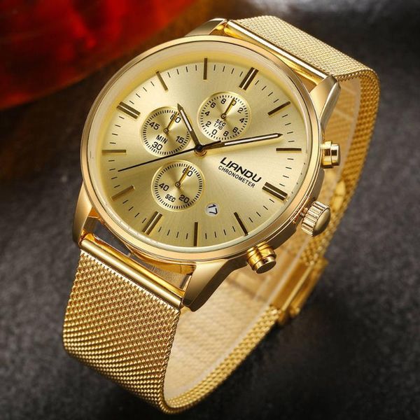

wristwatches gold fashion men business wrist watch calendar chronograph mens steel analog quartz watches for man gift reloj hombre, Slivery;brown