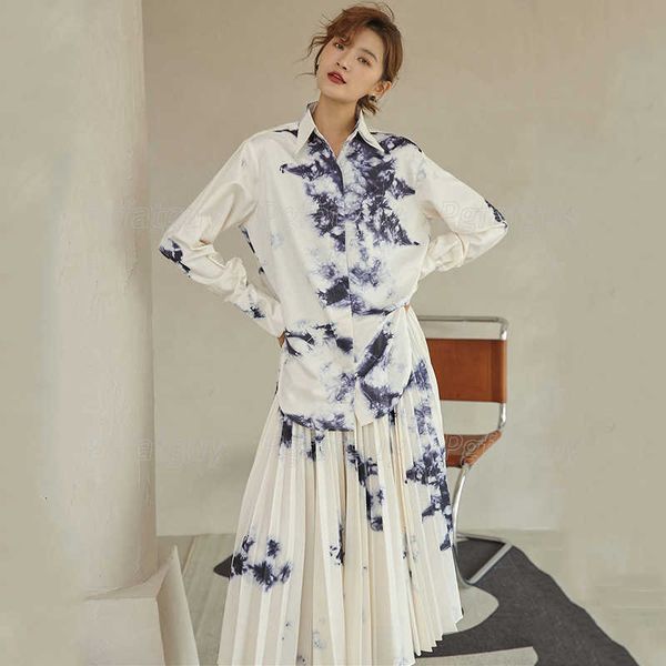 

two piece dress [eqw] shirt and skirt plied with casual female silk ink pattern, , autumn , w1671 jprg, White