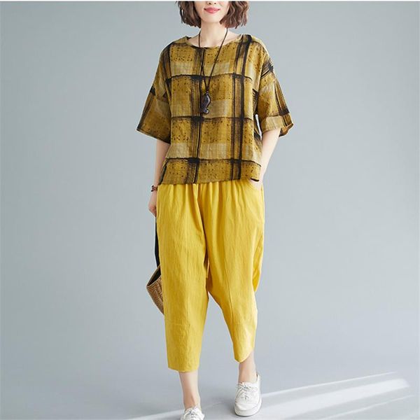 

summer 2021 new age reduction large size cotton and linen plaid + radish harem pants foreign style suit female tide h615, Gray