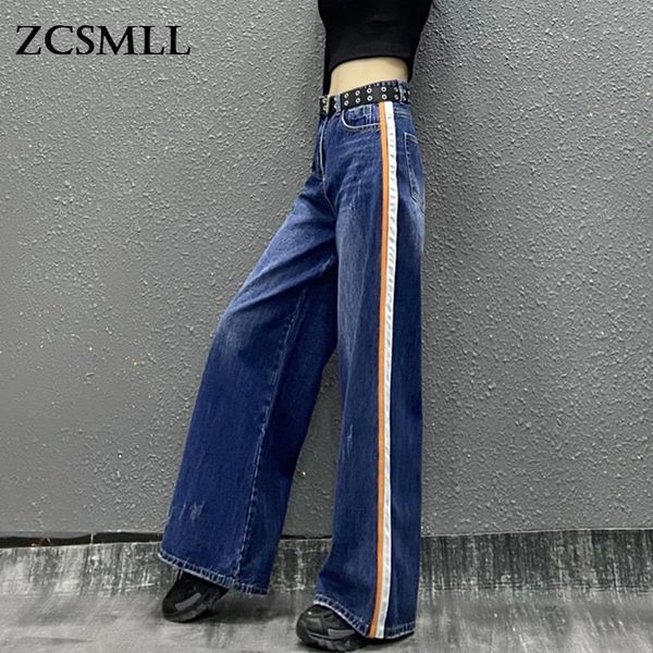 

women's jeans zcsmll streetwear fashion side stripe autumn 2021 high waist loose straight denim pants female tide th600, Blue