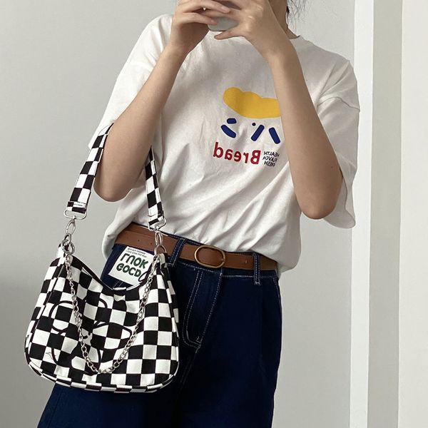 

black and white lattice underarm bag female ins leisure canvas hand single shoulder