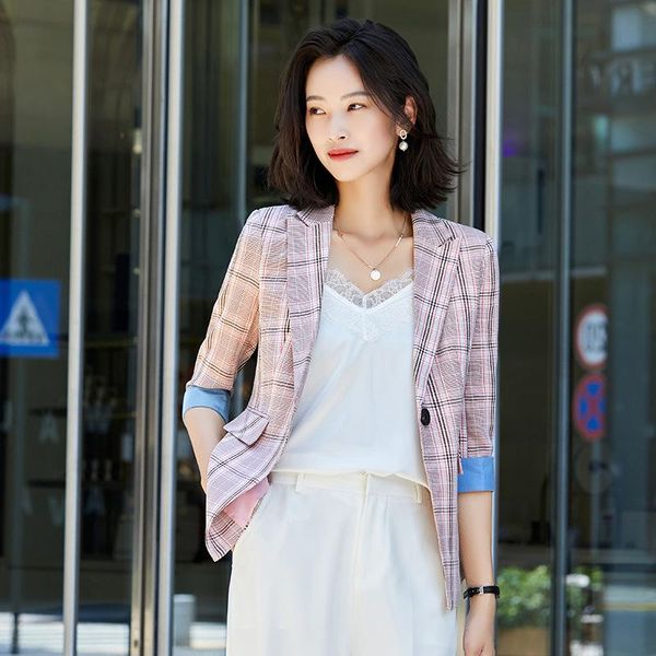 

women's suits & blazers female summer plaid blazer women green pink beige elegant jackets half sleeve korean slim fit suit jacket sprin, White;black
