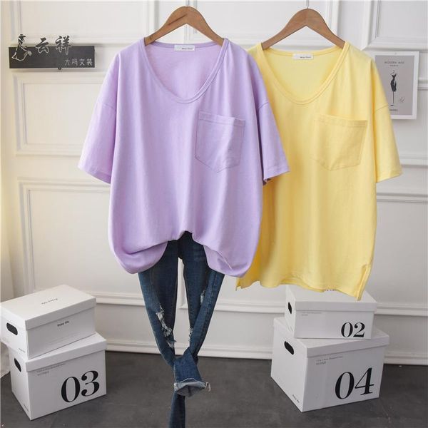

women's t-shirt summer women short sleeve v neck cotton t shirt 2021 good quality simple loose soft casual basic tees with pocket, White