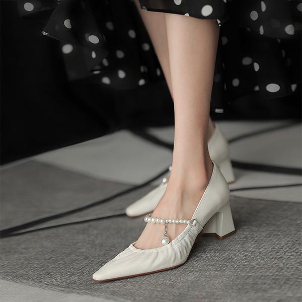 

pointed high heel shoes women's autumn 2021 new pearl one word buckle thick heel, Black