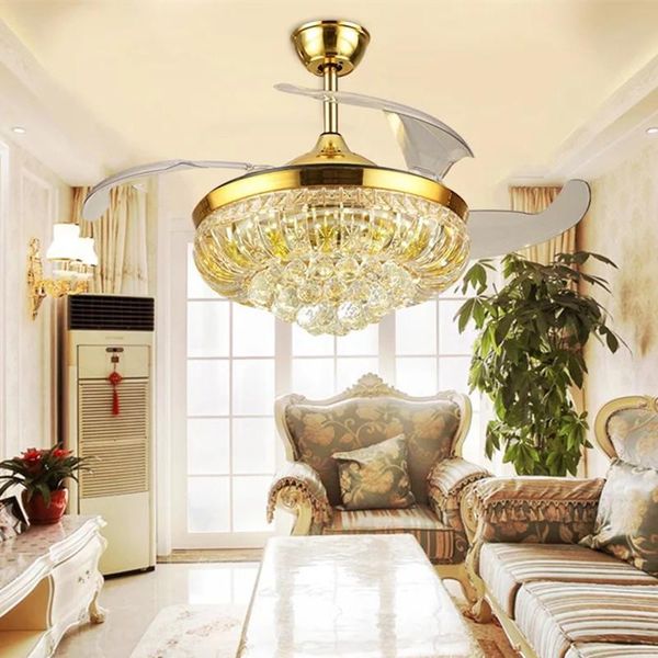 

ceiling fans modern led crystal fan light smart silent dimming ac 110v 220v indoor home furnishing factory office living room lightin