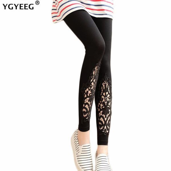 

women's leggings ygyeeg autumn fashion women triangle lace hollow out oval flower rhinestone modal high elastic cotton skinny trousers, Black