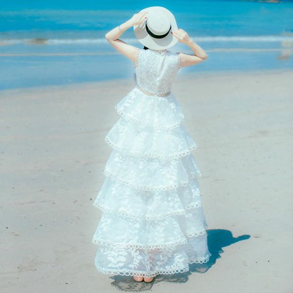 

casual dresses embroidery lace layered cake dress women long sleeveless fairy party white bridesmaid vestido mujer robe femme, Black;gray