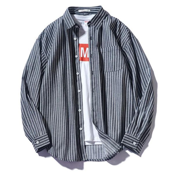 

men's casual shirts 2021 tooling stripe round neck long sleeve loose lapel shirt, White;black