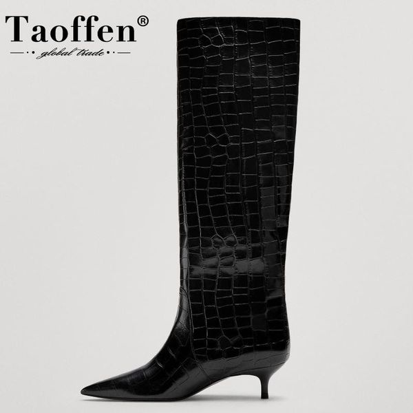 

boots taoffen women knee high real leather pointed toe winter shoes fashion party footwear size 35-42, Black