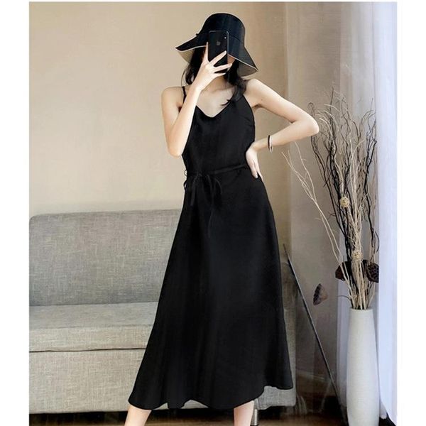 

casual dresses black chiffon suspender skirt dress female 2021 spring and summer long style temperament is thinner, base tide, Black;gray