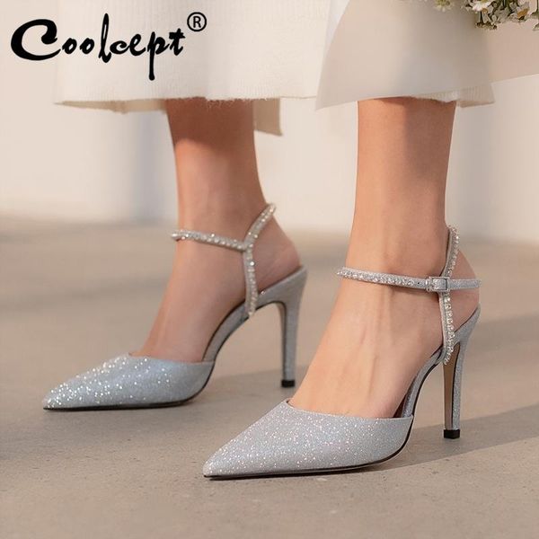 

sandals coolcept size 34-41 women real leather buckle strap thin high heel summer shoes woman crystal party lady footwear, Black