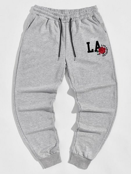 

romwe guys letter floral graphic drawstring sweatpants e8wh#, Black