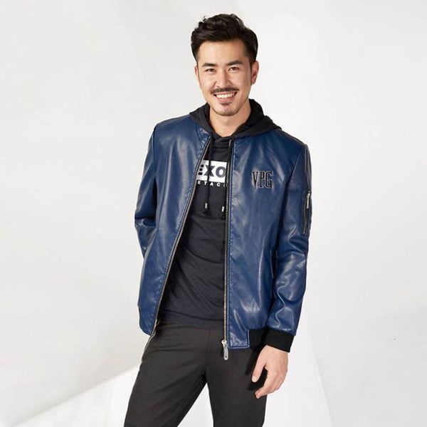 

2021 new slim korean handsome motorcycle suit stand collar jacket men's leather, Black;brown
