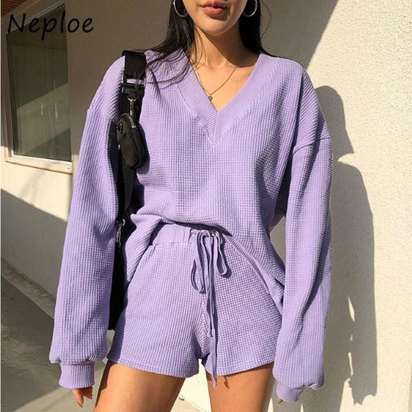 

women's tracksuits neploe female suits 2021 euramerican style autumn knitted v-neck lantern sleeve pullovers and solid shorts women two, Gray