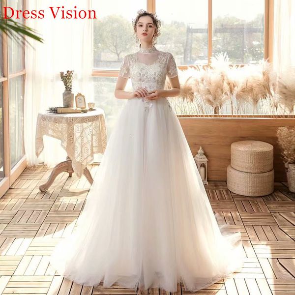 

2021 vestido noiva lace appliques high collar wedding soiree bride to be robe de marie lace-up c5eq, White