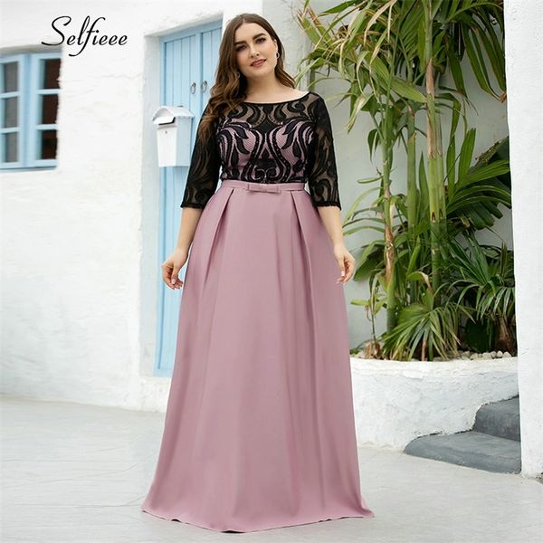 

elegant dresses a-line o-neck empire bow lace contrast color woman's dresses evening formal party gowns plus size robe 210303, Black;gray