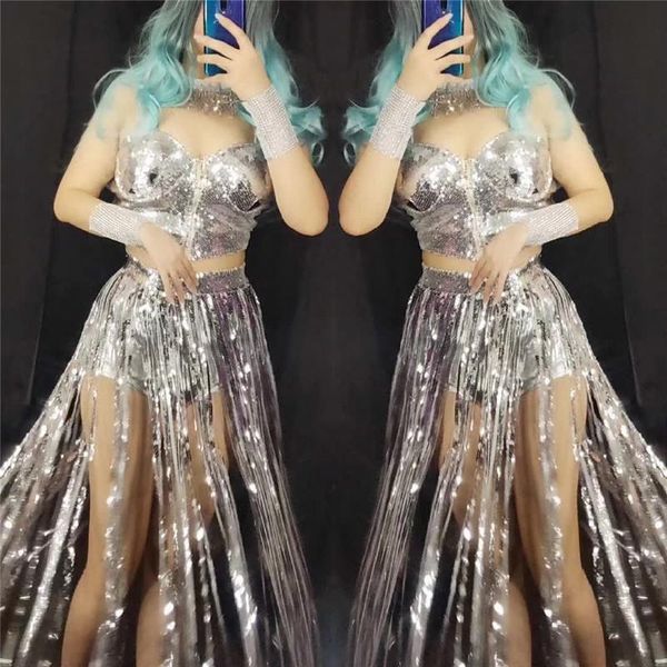

2021 new women dress silver 2 pieces set stage leotard costumes performance outfits birthday celebration latin dancer dress, Black;gray