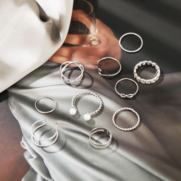 

ins cool wind alloy 10 piece ring set creative simple joint ring, Silver