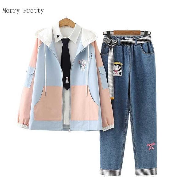

three piece set women's clothing casual s pants zipper hooded jackets with denim white tie blouse tracksuit 210526
