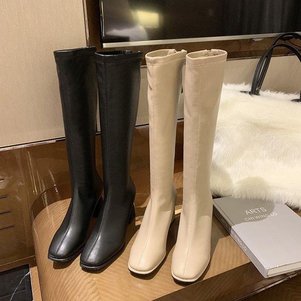 

boots high autumn korean version of the wild square toe thick heel long knight platform womens designer, Black